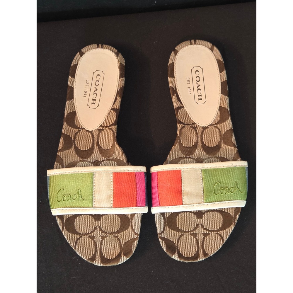 Coach Paula Slides Sandals Canvas Signature Logo Stripe Multicolor 7.5M - Picture 1 of 8